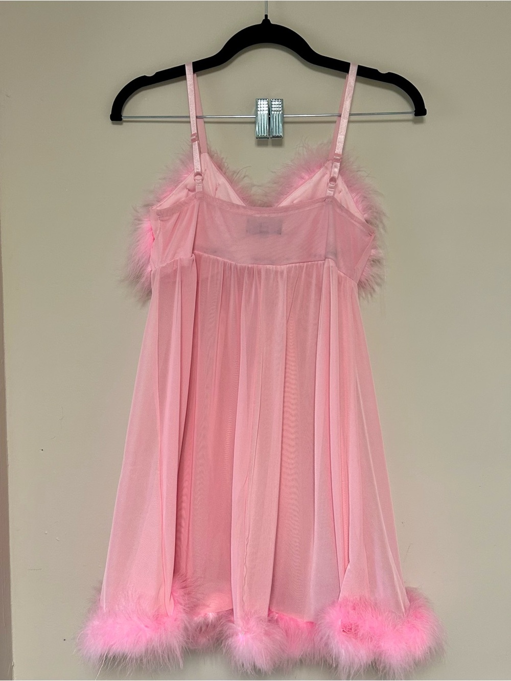 Pink Feather-Trim Mesh Babydoll Nightdress - Picture 3 of 3